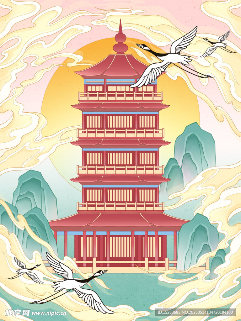 古风宝塔与仙鹤祥瑞图景