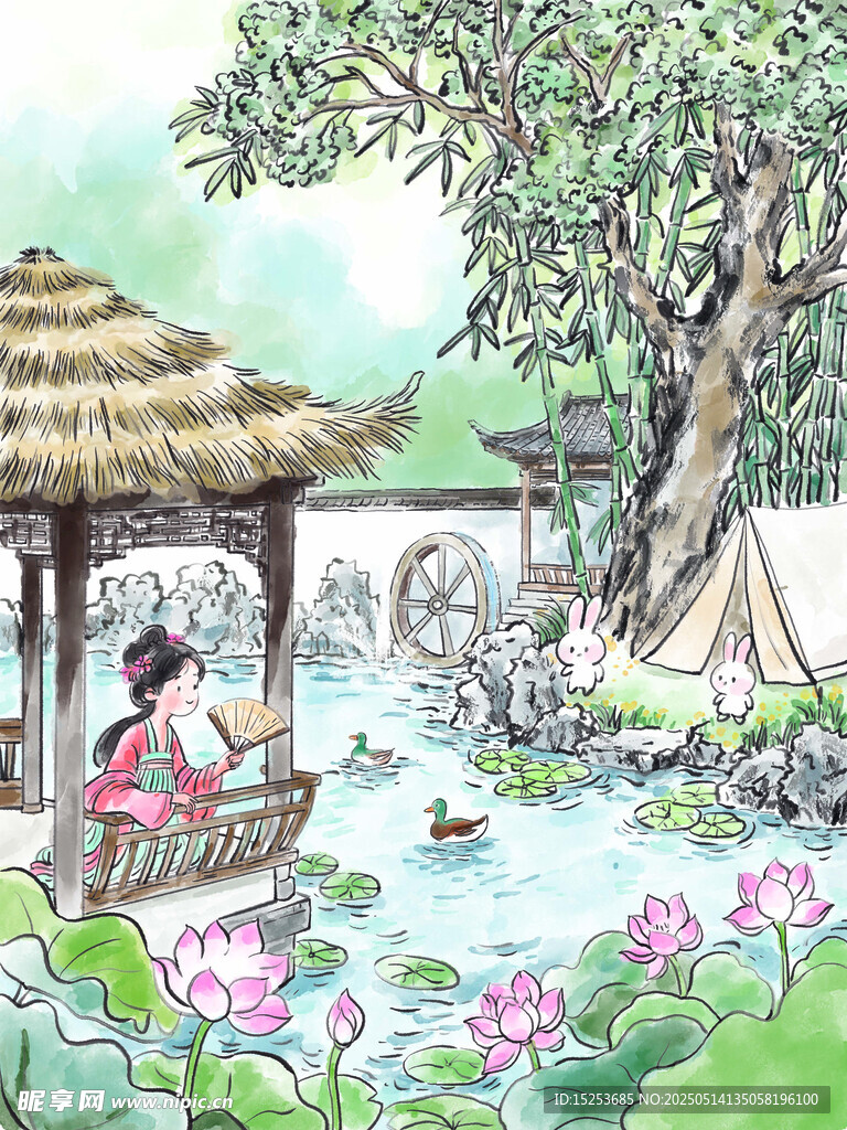 荷塘亭中女子悠然赏景