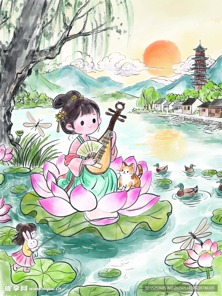 荷塘少女抚琴图
