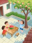 小孩在院子吃西瓜