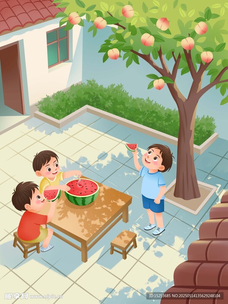 小孩在院子吃西瓜