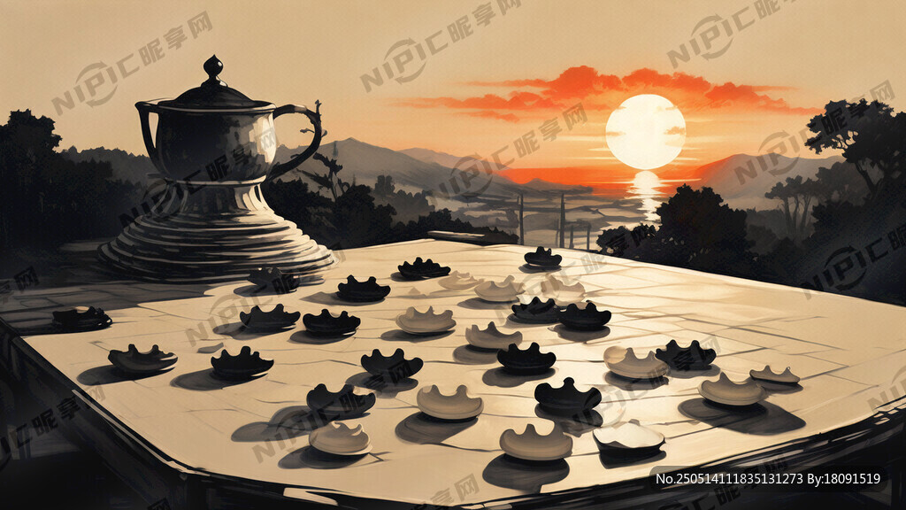 太阳 茶桌 棋子 黑白色系