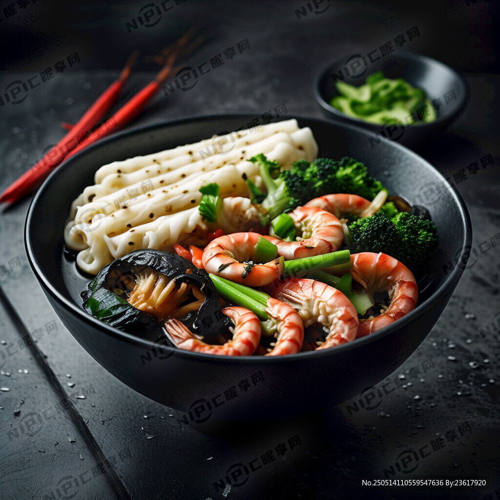 黑色碗 泡面 青菜与香菇