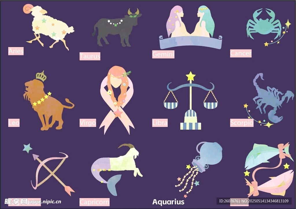 矢量手绘动漫十二星座图片
