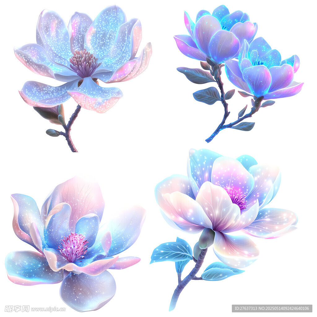 梦幻水彩风蓝粉玉兰花