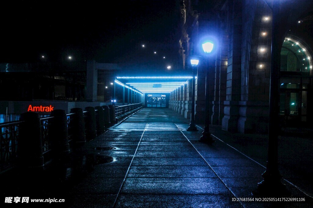 雨夜街道的蓝色灯光景致