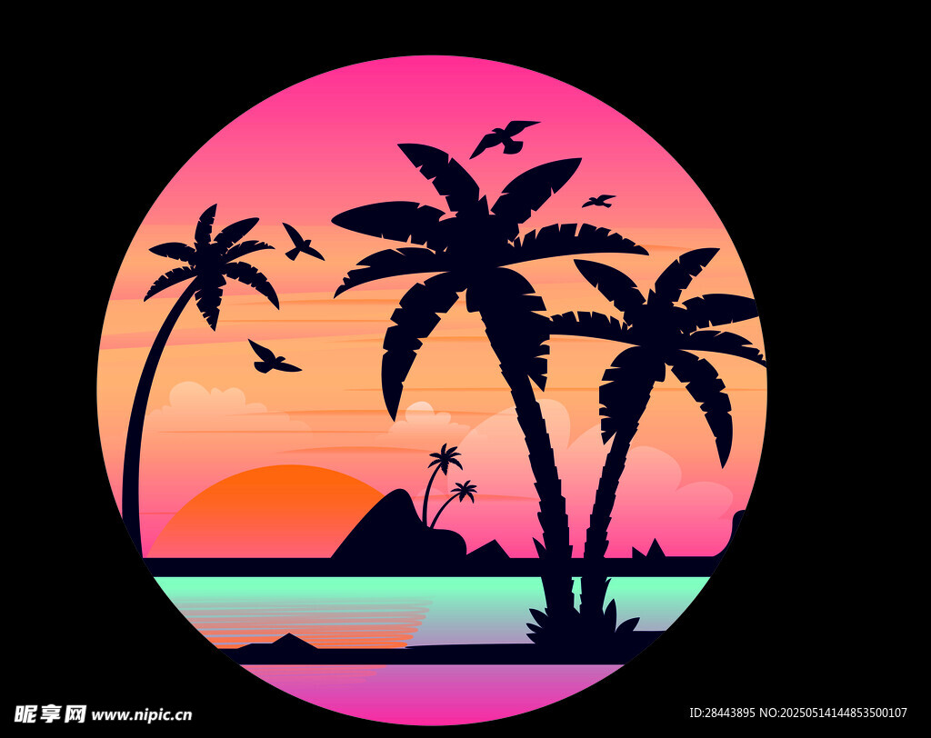 热带海滨日落棕榈树美景