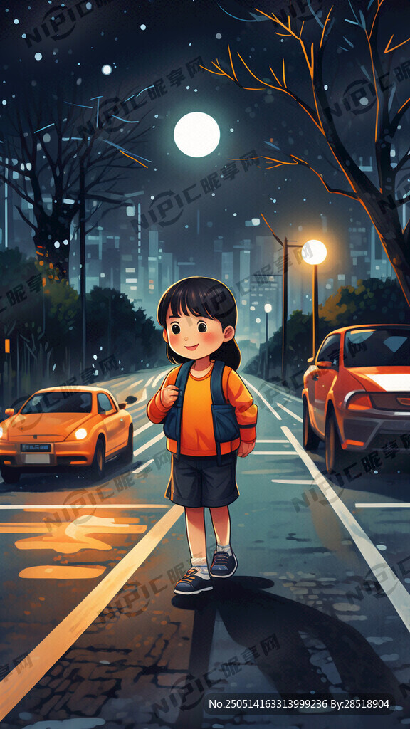 交通安全插画 小学生 夜晚