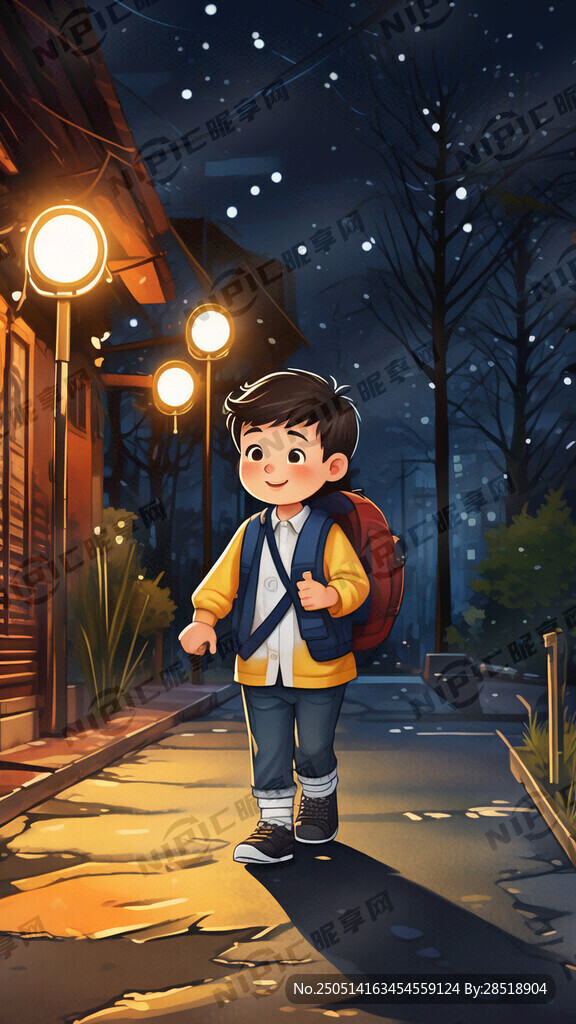 交通安全插画 小学生 夜晚