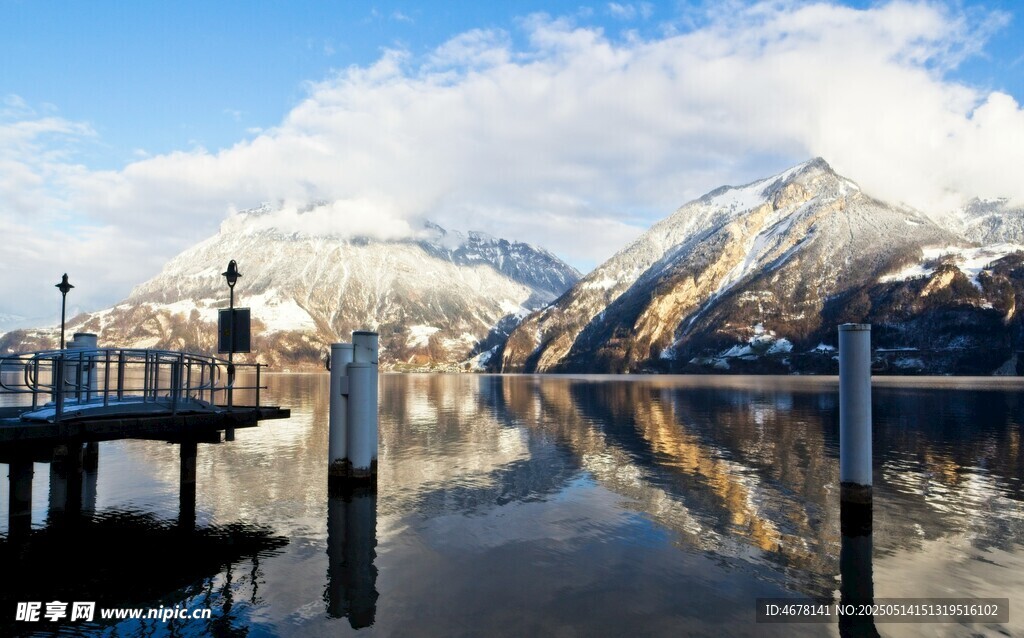 湖畔雪山码头美丽风光