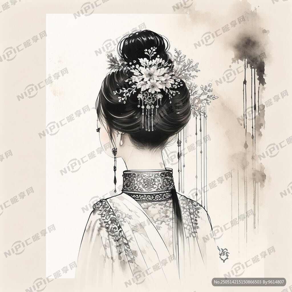 头带凤冠的中式古典新娘全身背影