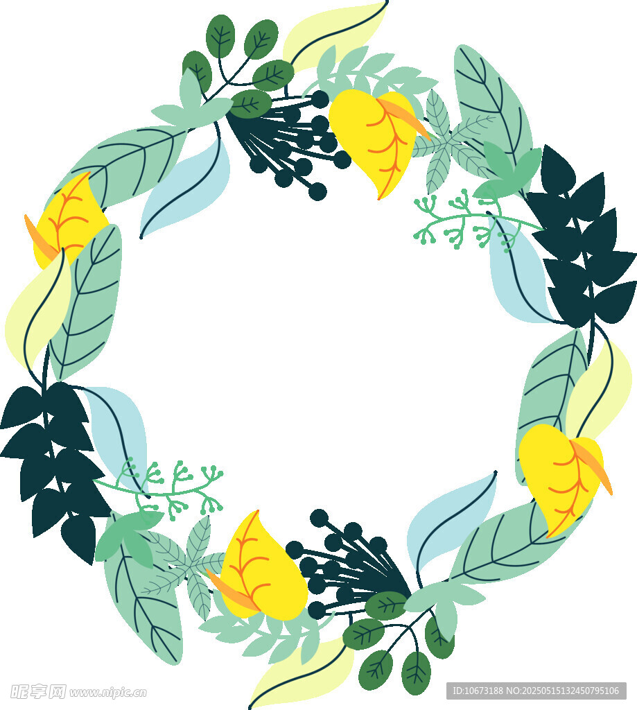手绘黄绿花卉绿叶花环