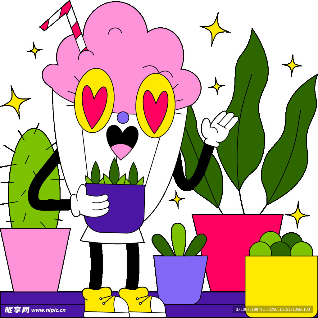 卡通植物精灵与盆栽