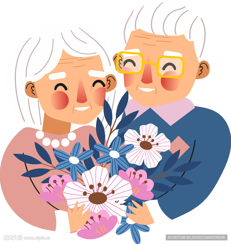 幸福老夫妻手捧鲜花