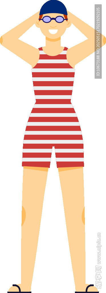 条纹泳装女孩双手抱头