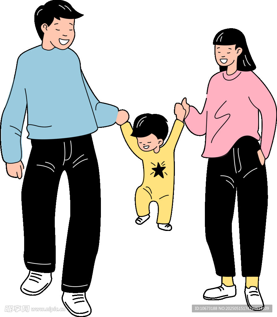 父母牵手幼儿温馨画面