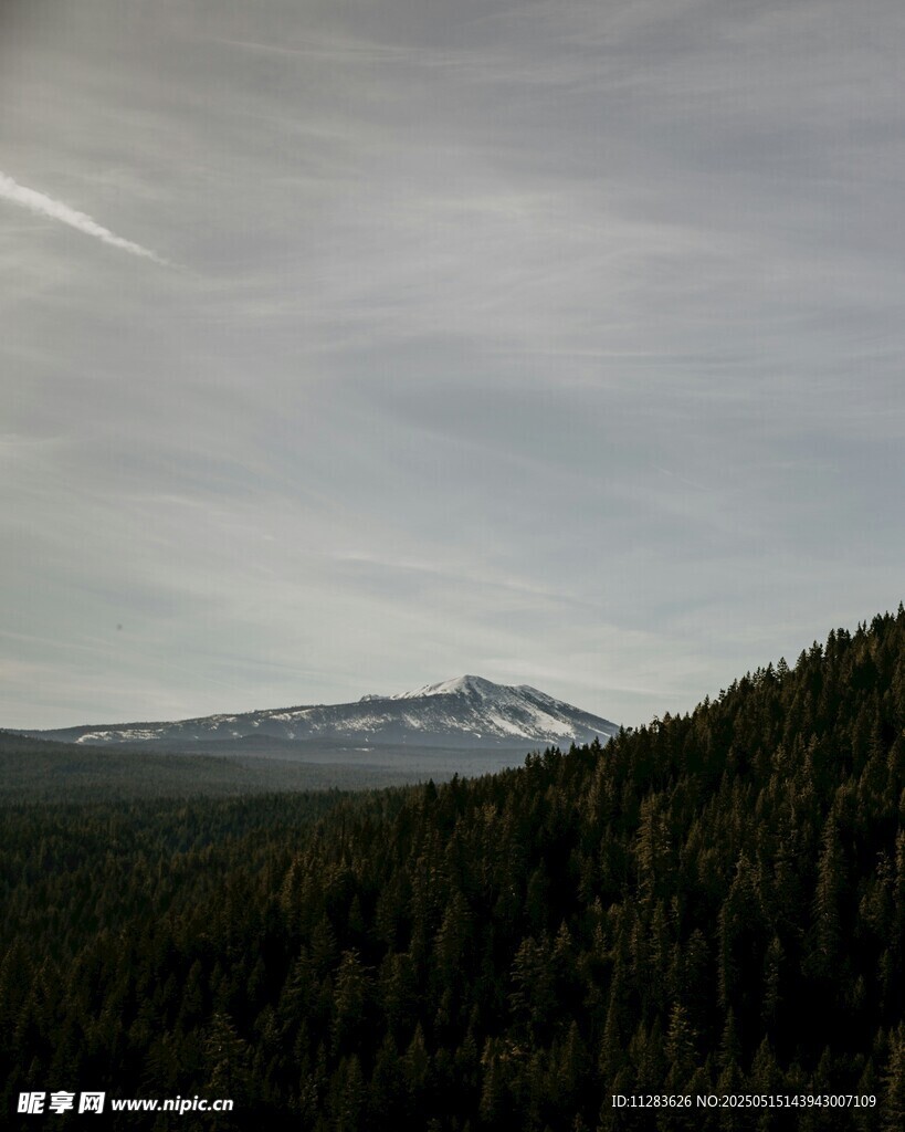 山林间远眺巍峨雪山