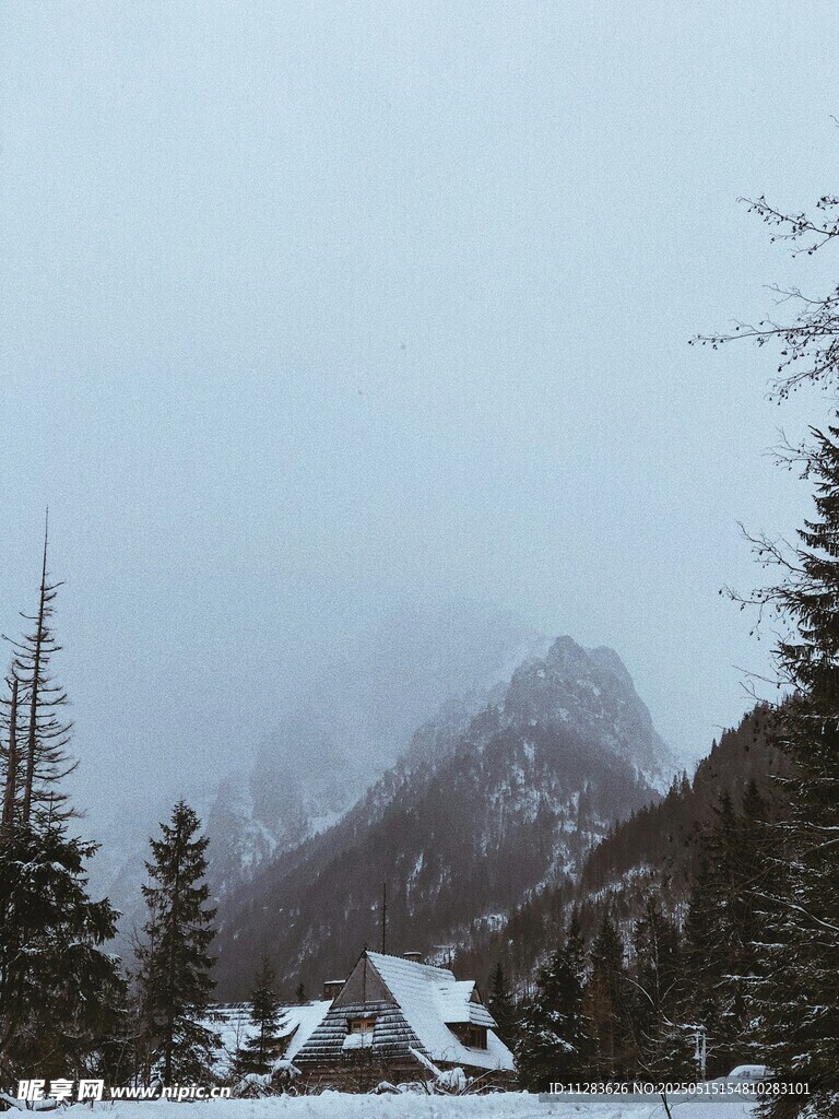 雾中雪山与林间小屋