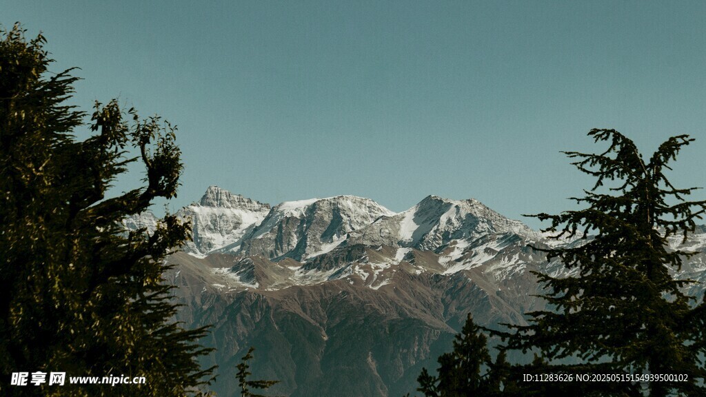山林间远眺壮丽雪山