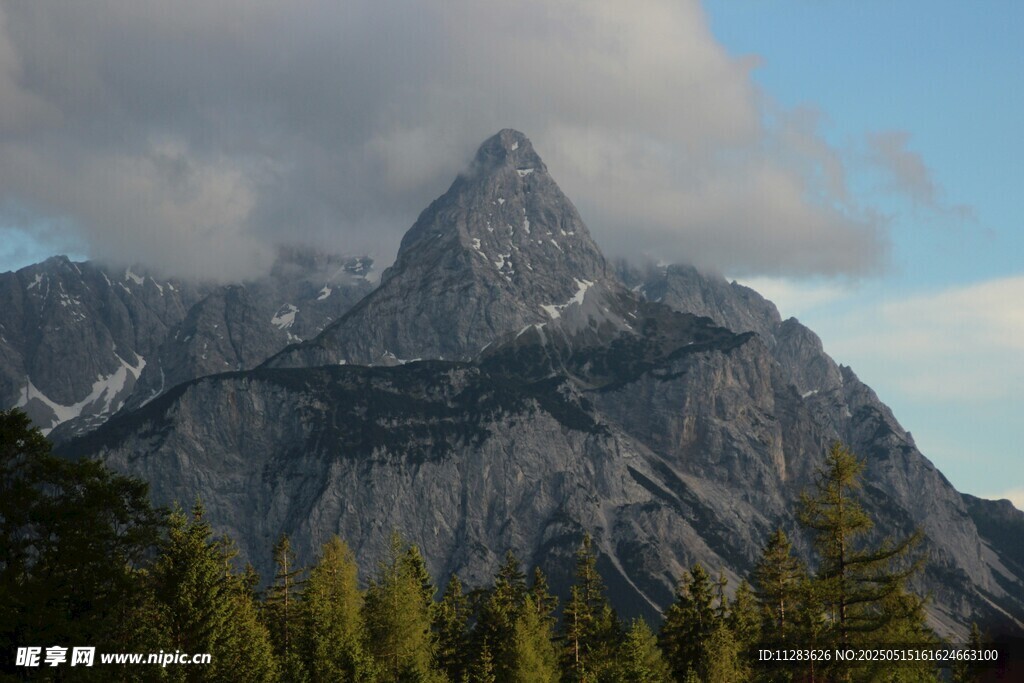 巍峨山峰与葱郁林木景观