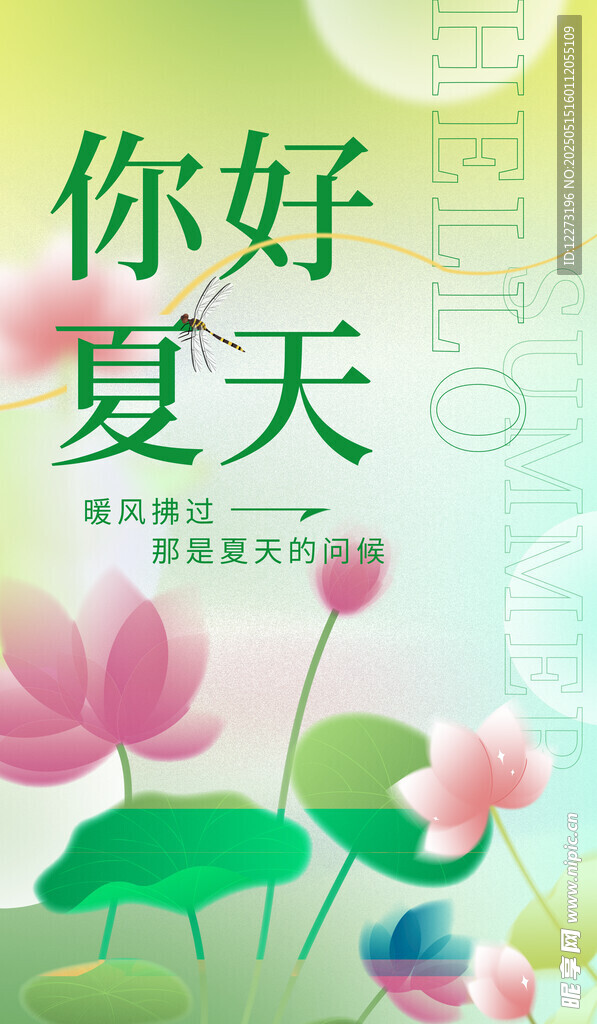 你好夏天荷花插画