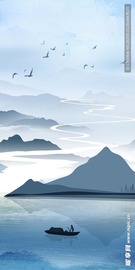 海上孤舟伴远山飞鸟