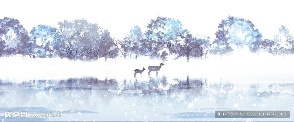 冬日湖畔雪景与漫步小鹿