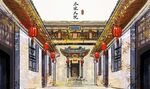 中式古建走廊挂红灯笼