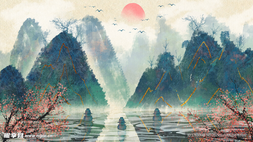 水墨山水间的日出美景