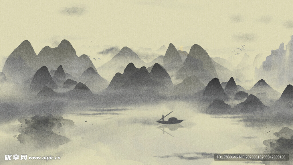 水墨山水间孤舟泛江景
