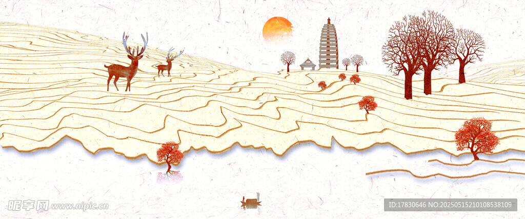 秋日原野动物风景插画