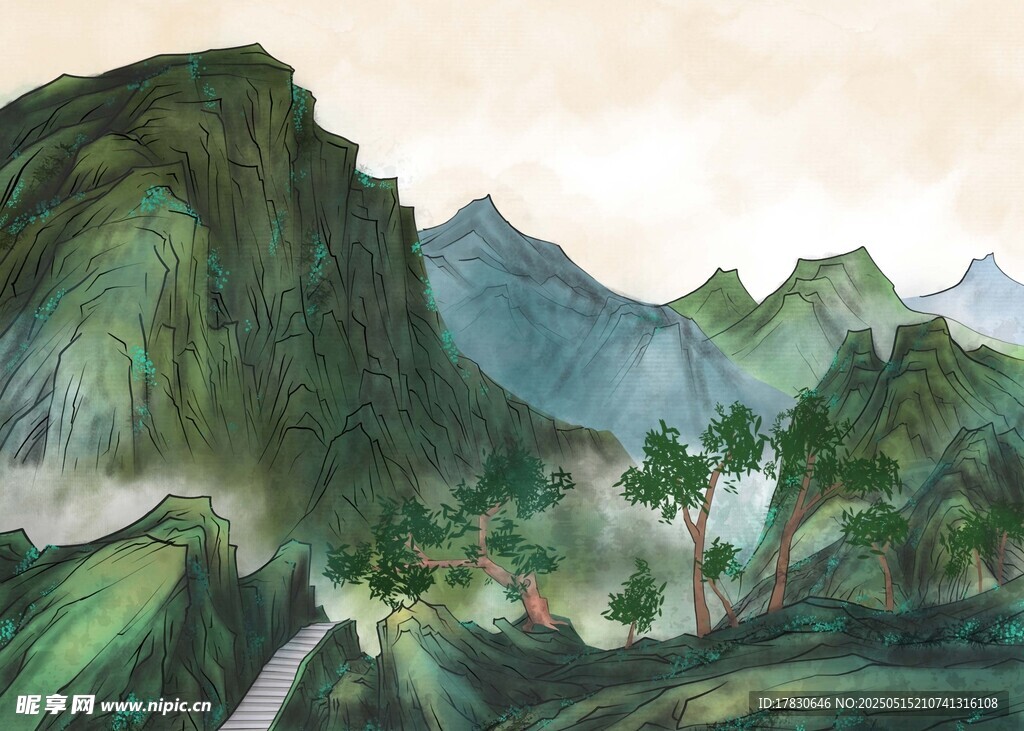 水墨山水间的蜿蜒山路