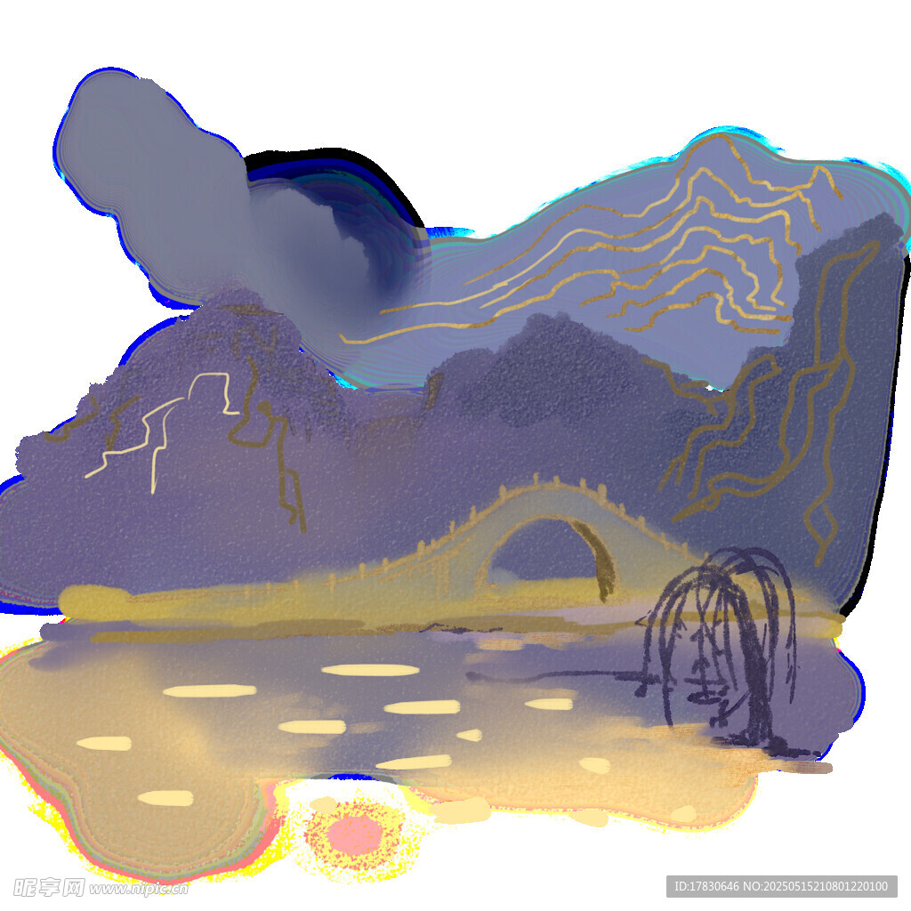 水墨风山水夜景插画