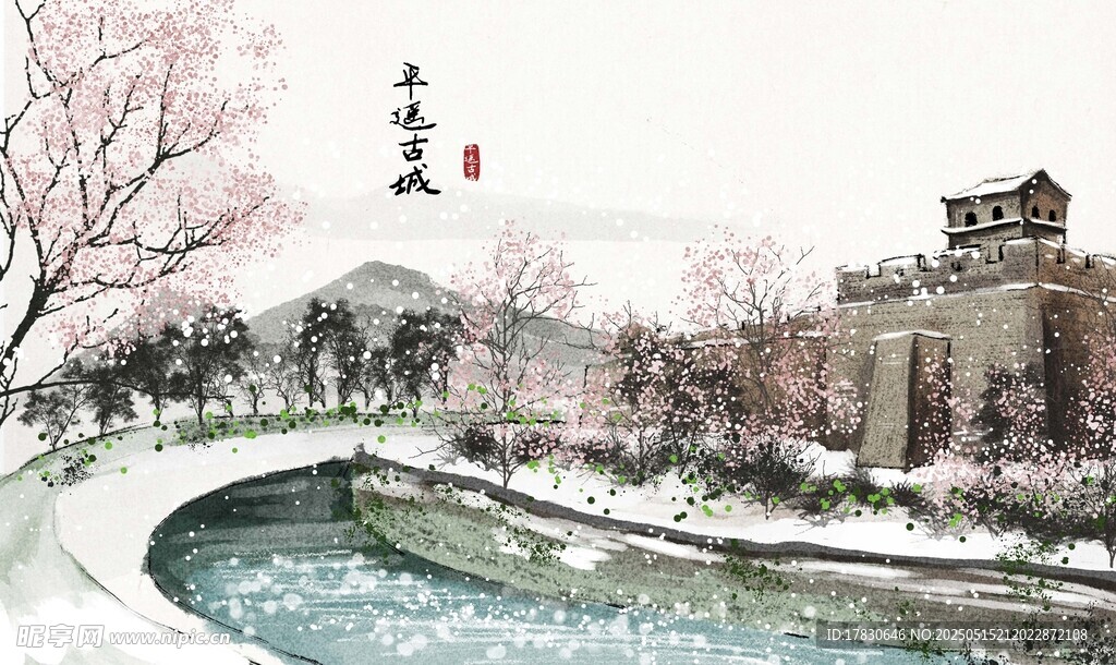 冬日河畔古城雪景