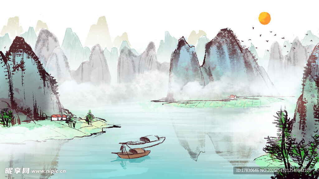 水墨山水间的孤舟美景