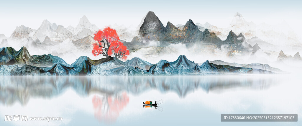 水墨山水间的一抹红韵
