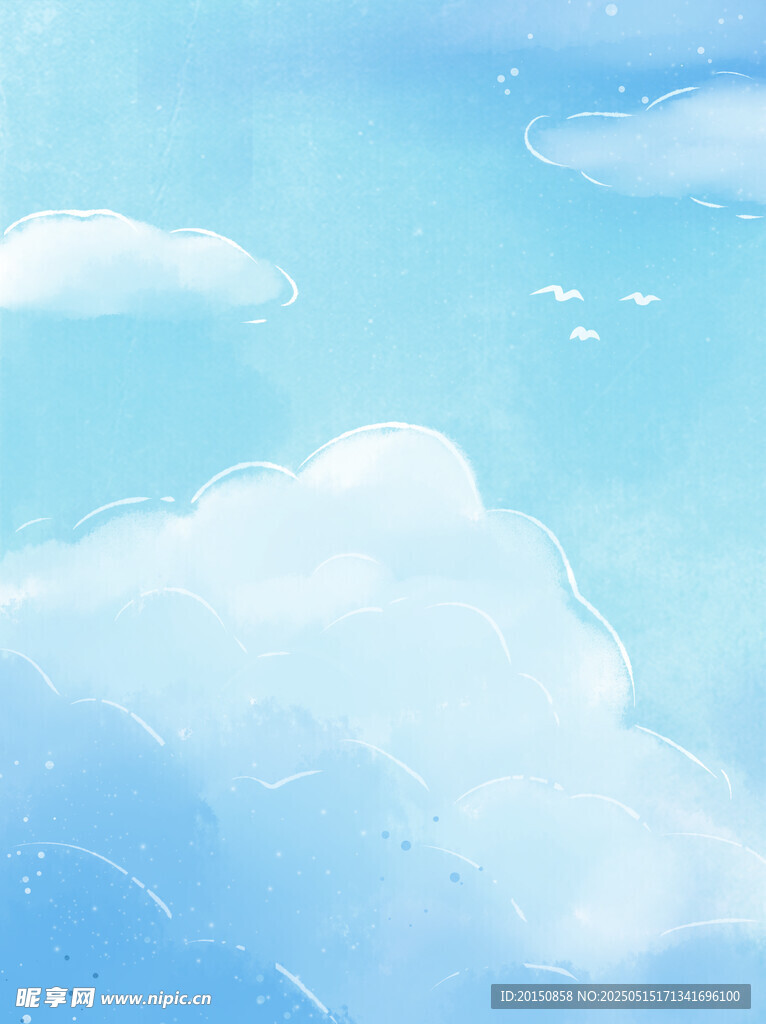 梦幻蓝天与白云水彩夏日蓝天背景