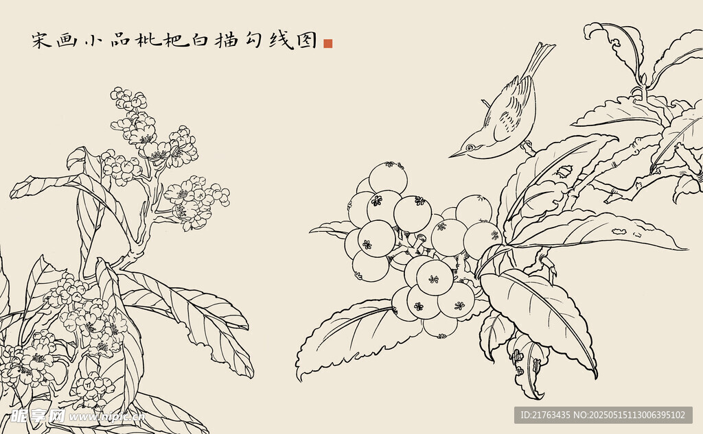 中式花鸟线描图案素材