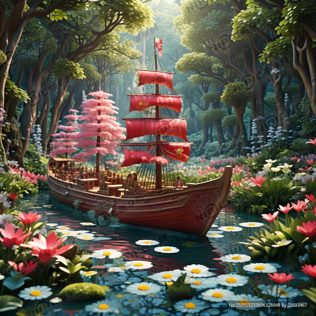 森林树花草红船