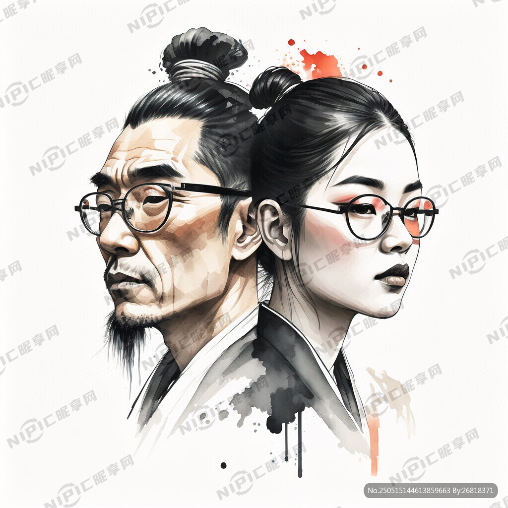 手绘人物 两个人 一个戴眼镜 