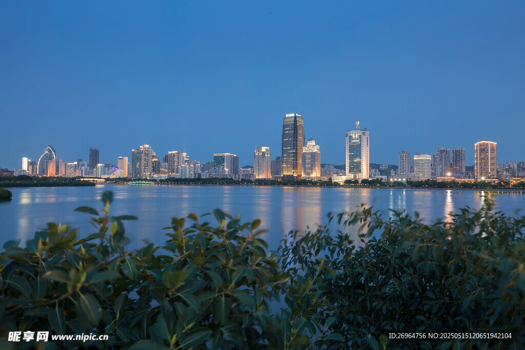 城市天际线与水边绿植景观