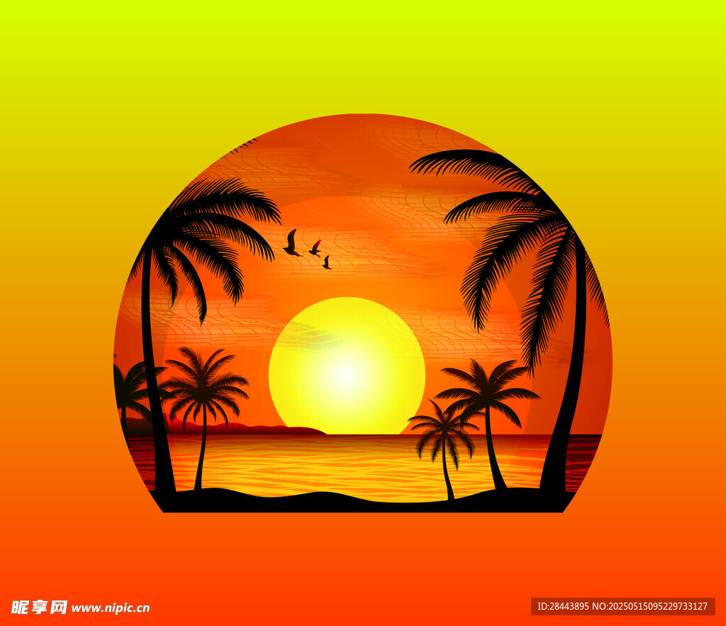 夕阳下的椰树海景图