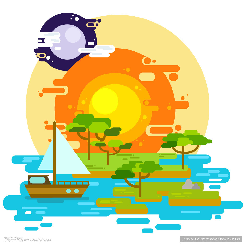 海岛日落帆船风景插画