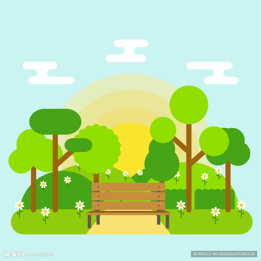 公园长椅旁的绿意美景
