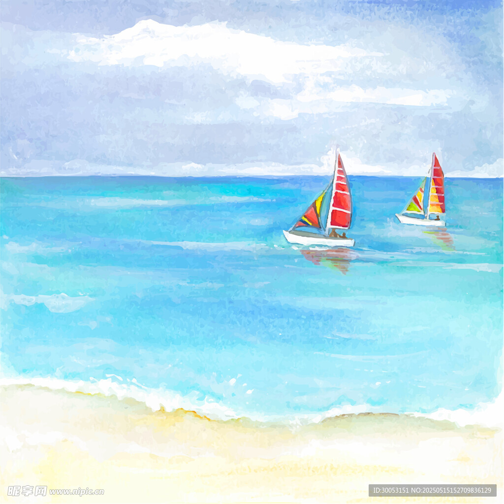 海边帆船水彩画风景