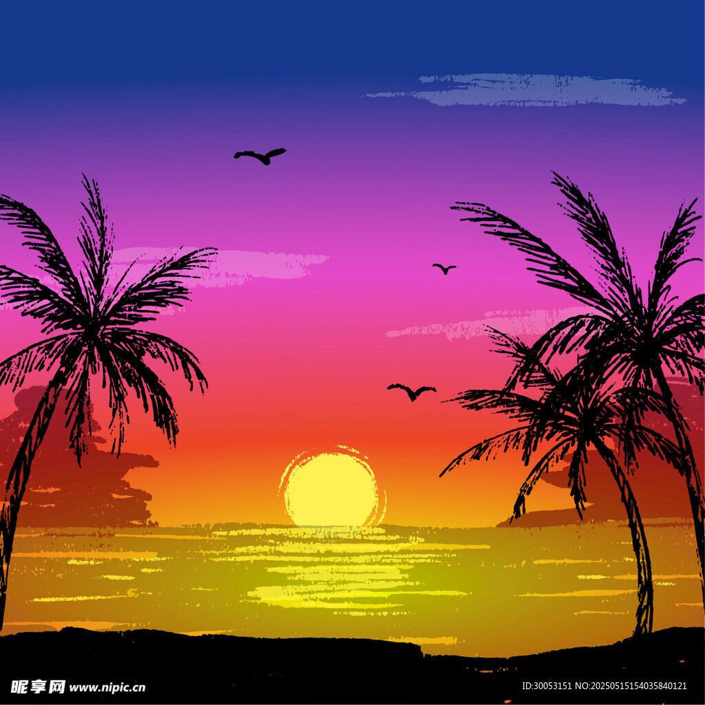 夕阳下的海边椰树美景
