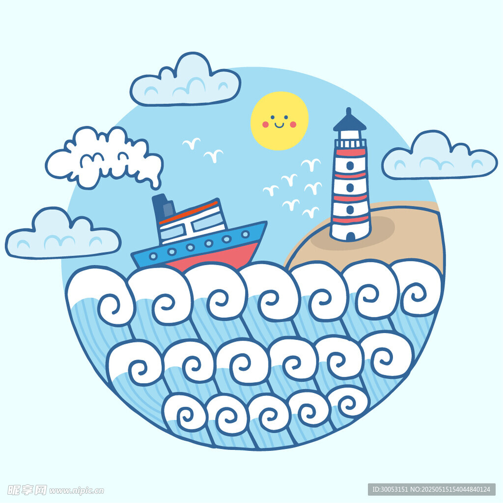 海上灯塔与船只插画