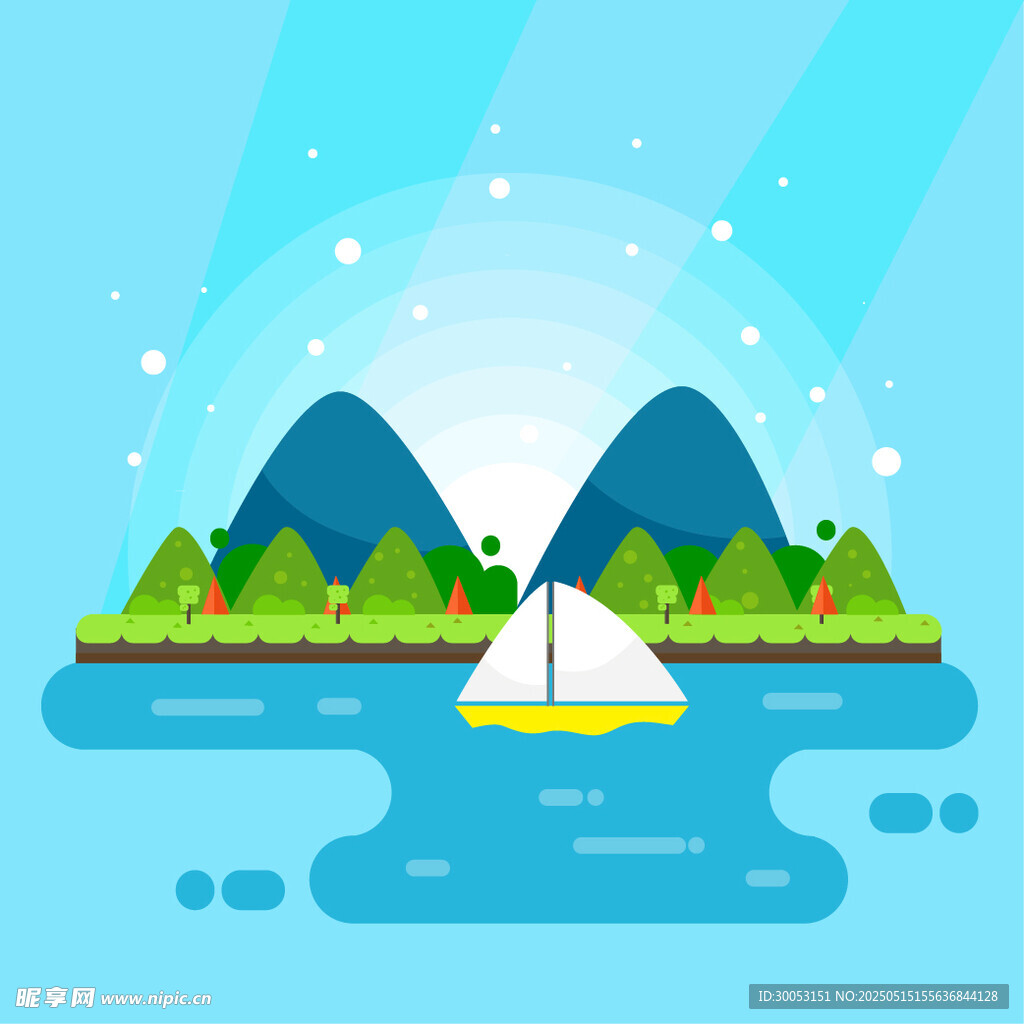 海上帆船与青山美景