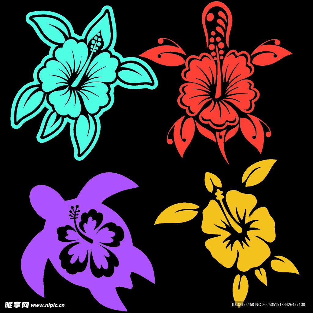 彩色海龟与花朵图案设计