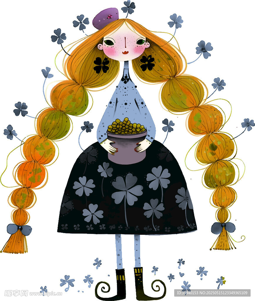 长发花裙女孩捧碗插画